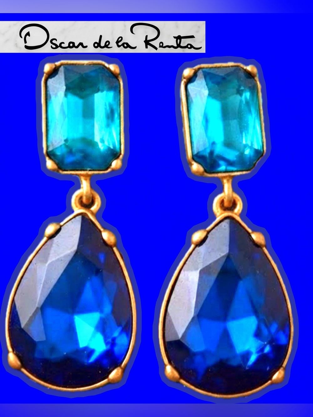 Oscar de la Renta Crystal Drop Earrings Royal Blue & Teal Dangle Drop✨Signed